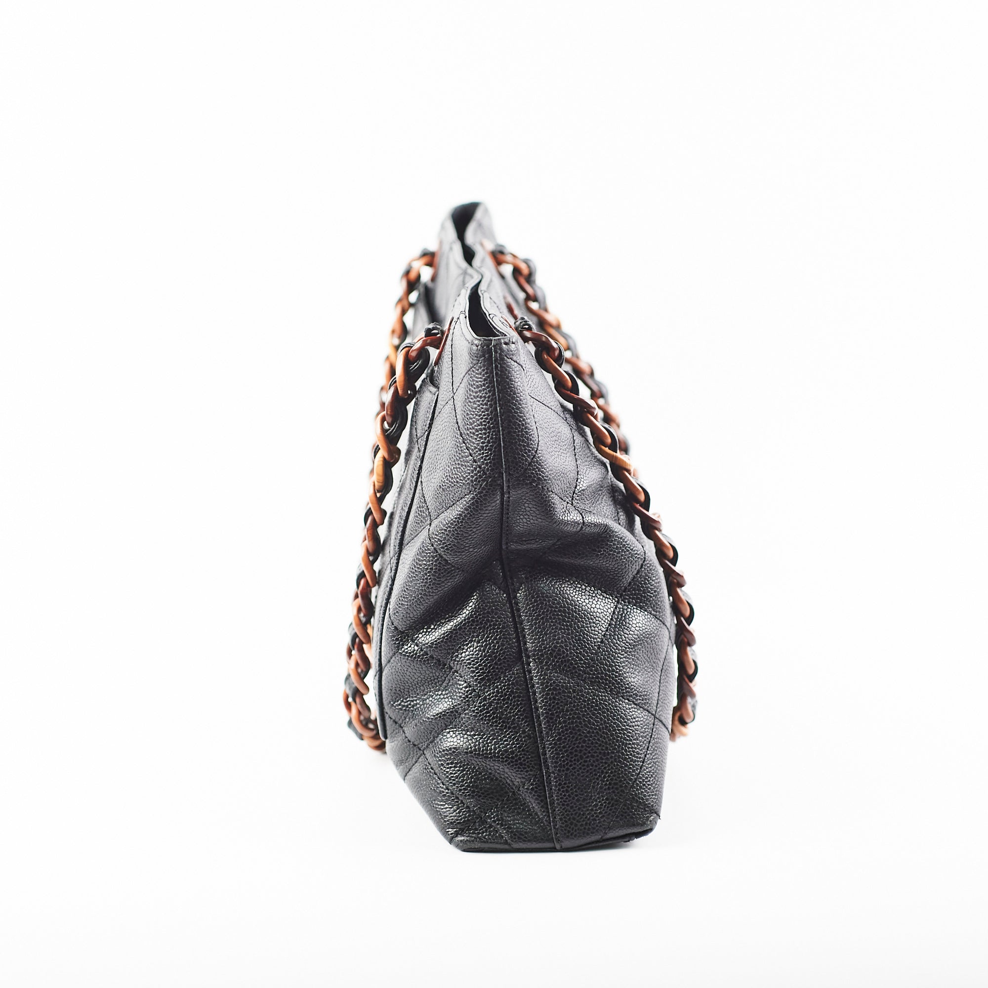 Chanel Caviar Vintage Tortoise Shell Chain Black Tote Bag Black