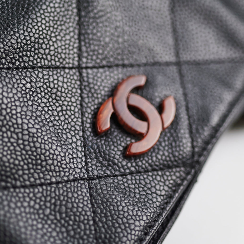 Chanel Caviar Vintage Tortoise Shell Chain Black Tote Bag Black