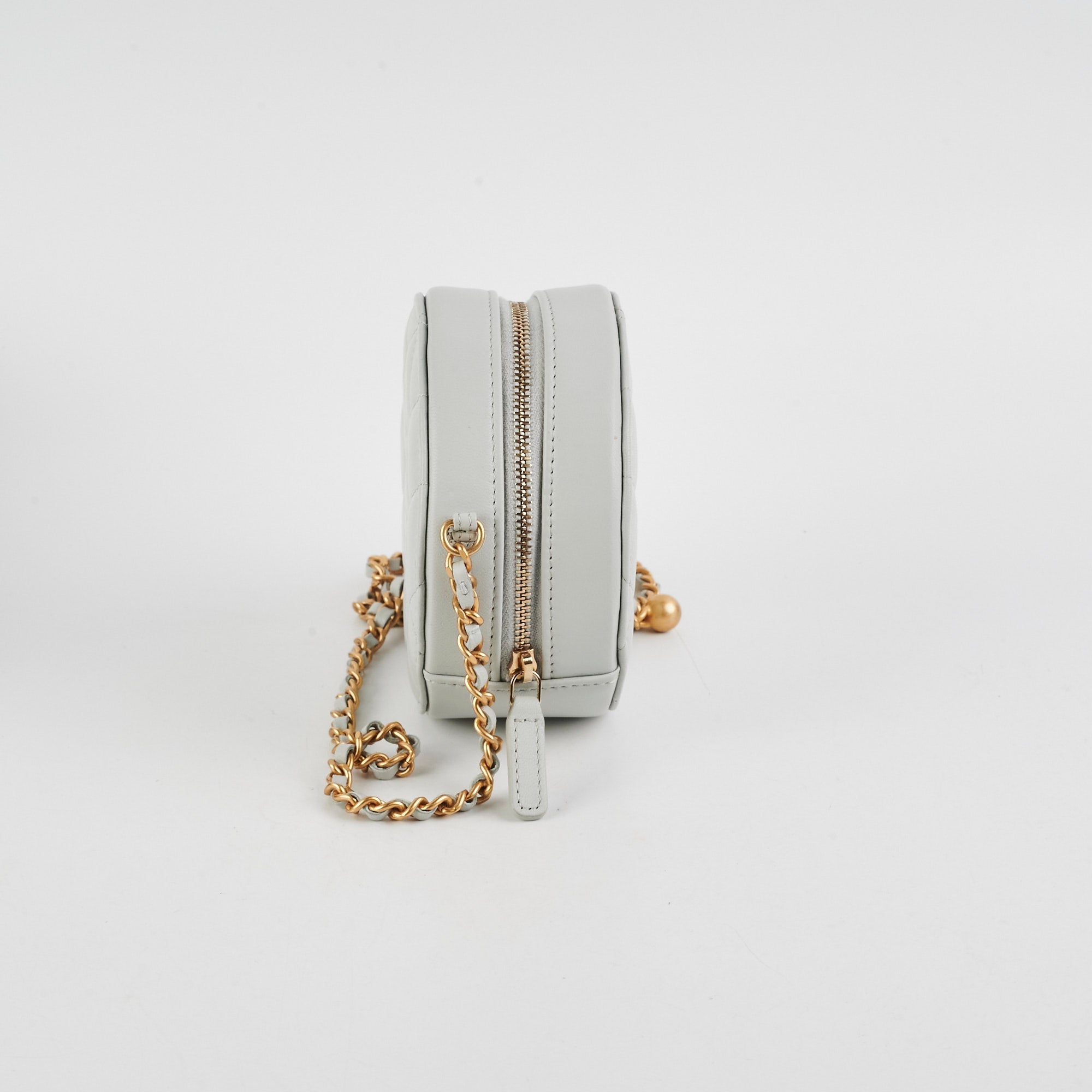 Chanel Round Pearl Crush Clutch With Chain Grey Lambskin