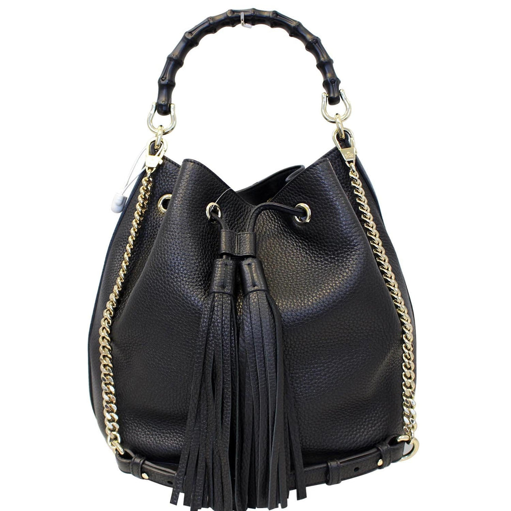 GUCCI Miss Bamboo Medium Leather Bucket Shoulder Handbag Black 387613