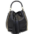 GUCCI Miss Bamboo Medium Leather Bucket Shoulder Handbag Black 387613