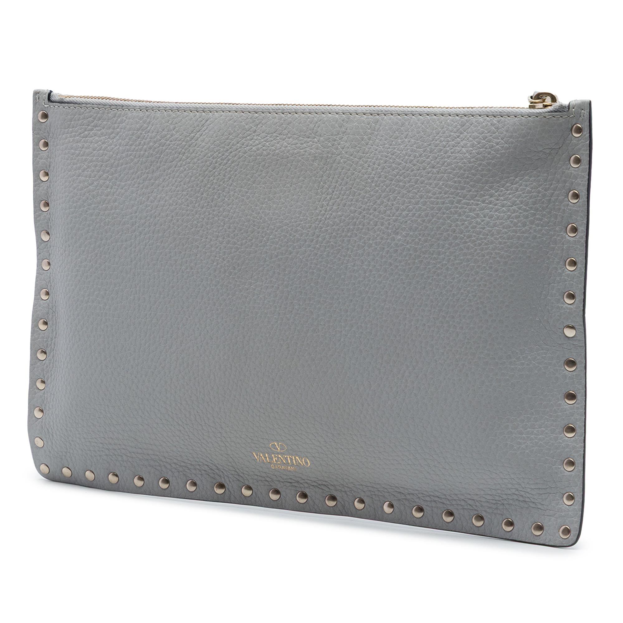 Valentino Grained Calfskin Rockstud Zip Clutch