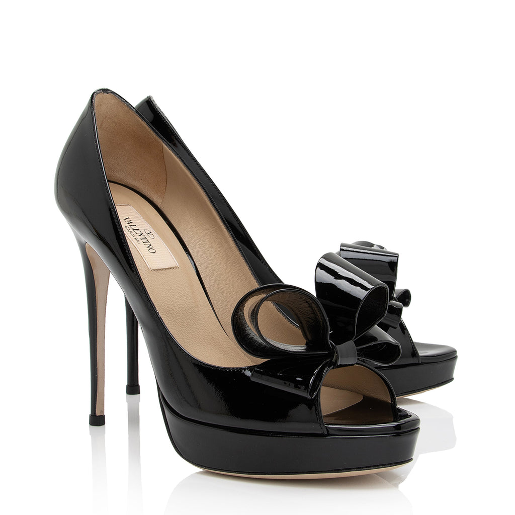 Valentino Patent Leather Couture Bow Peep Toe Platform Pumps - Size 8 / 38 (SHF-vP2PwB)