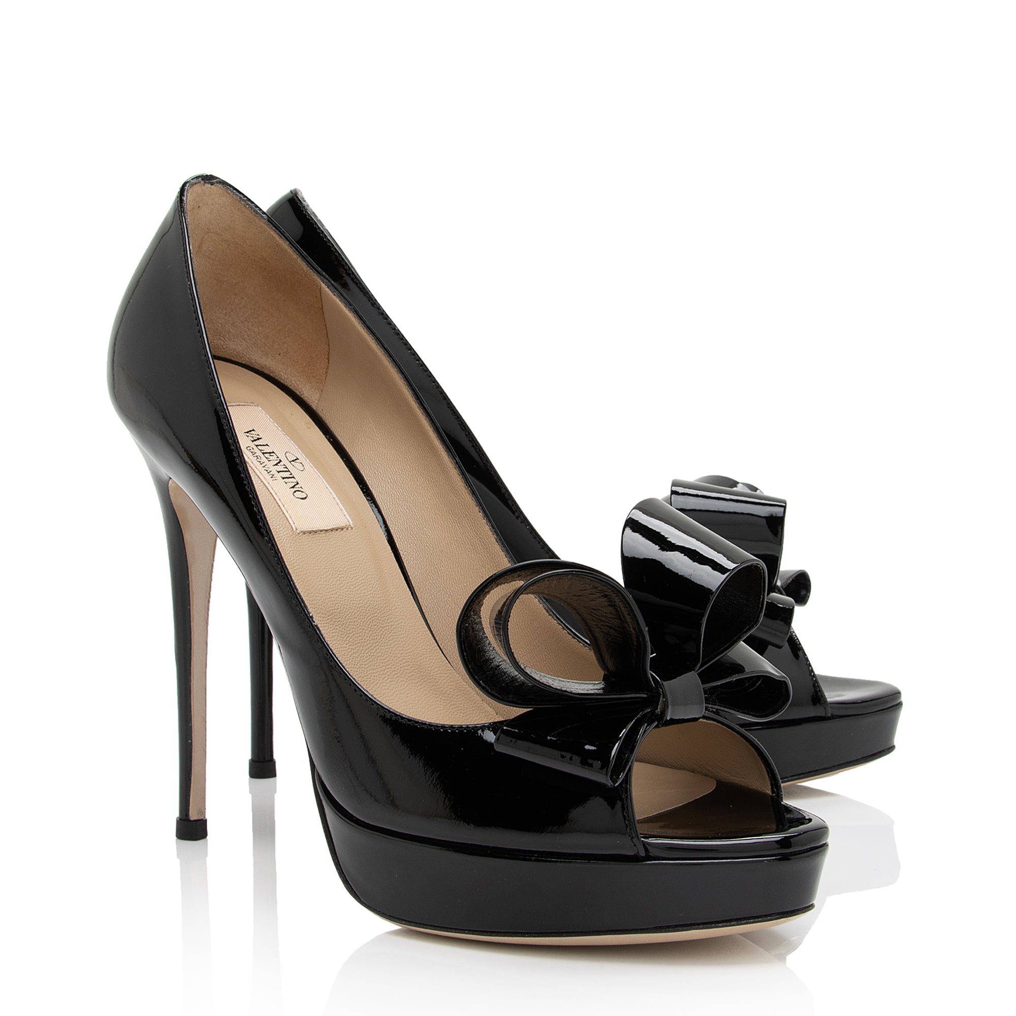 Valentino Patent Leather Couture Bow Peep Toe Platform Pumps - Size 8 / 38 (SHF-vP2PwB)
