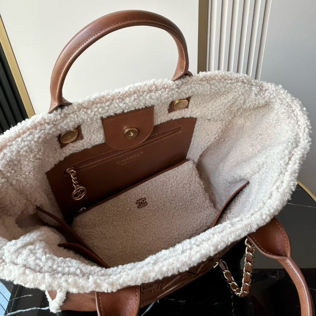 Chanel Lambskin Shearling Medium Deauville Tote Brown