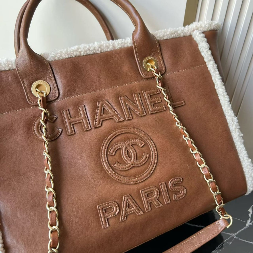 Chanel Lambskin Shearling Medium Deauville Tote Brown