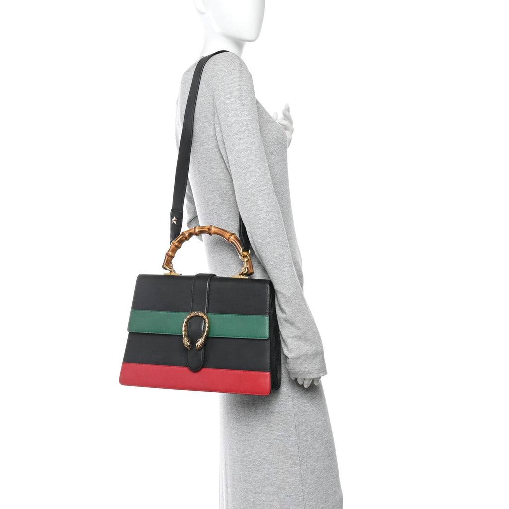 Calfskin Bamboo Web Large Dionysus Top Handle Bag Black Bright Evergreen Hibiscus Red
