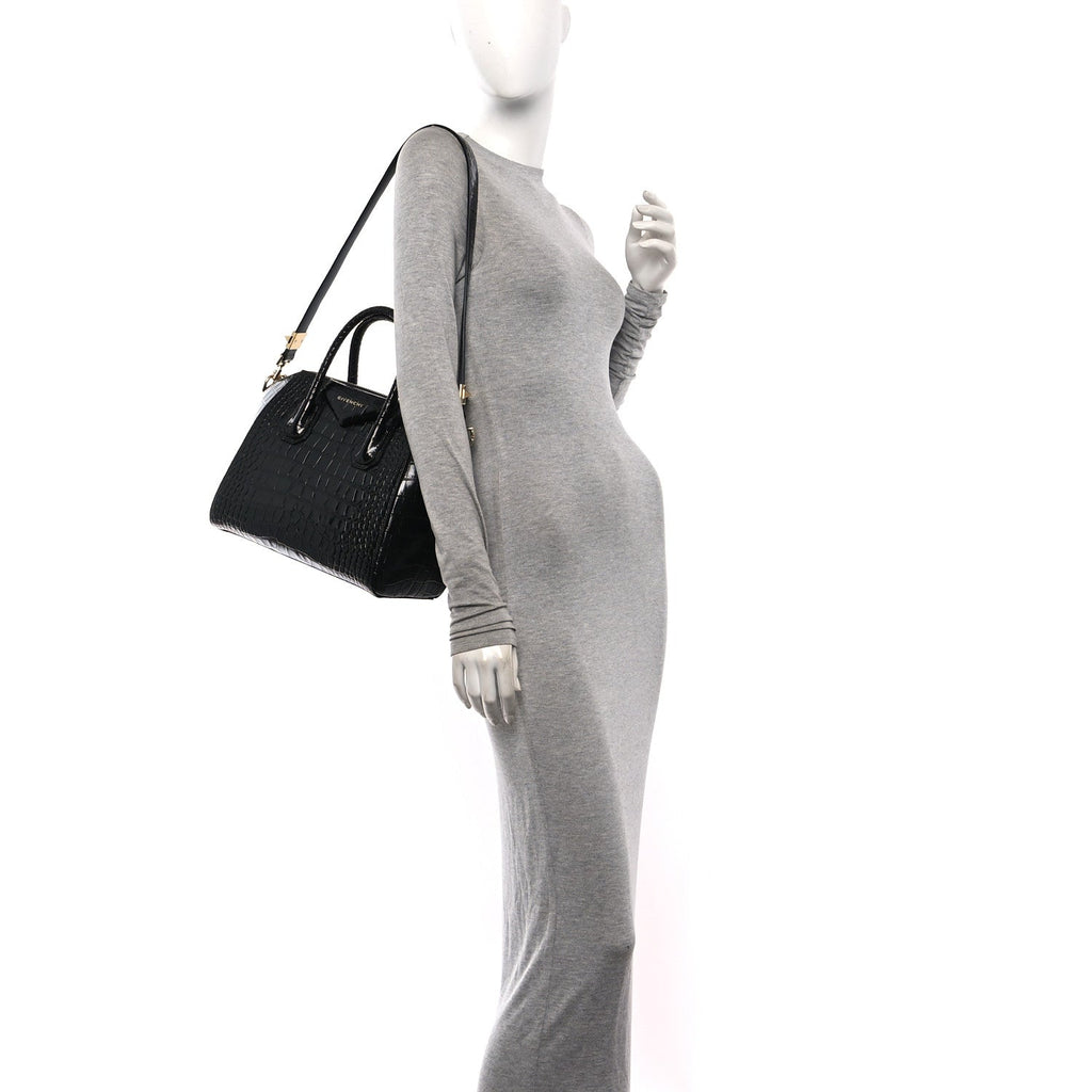 Calfskin Crocodile Embossed Small Antigona Black