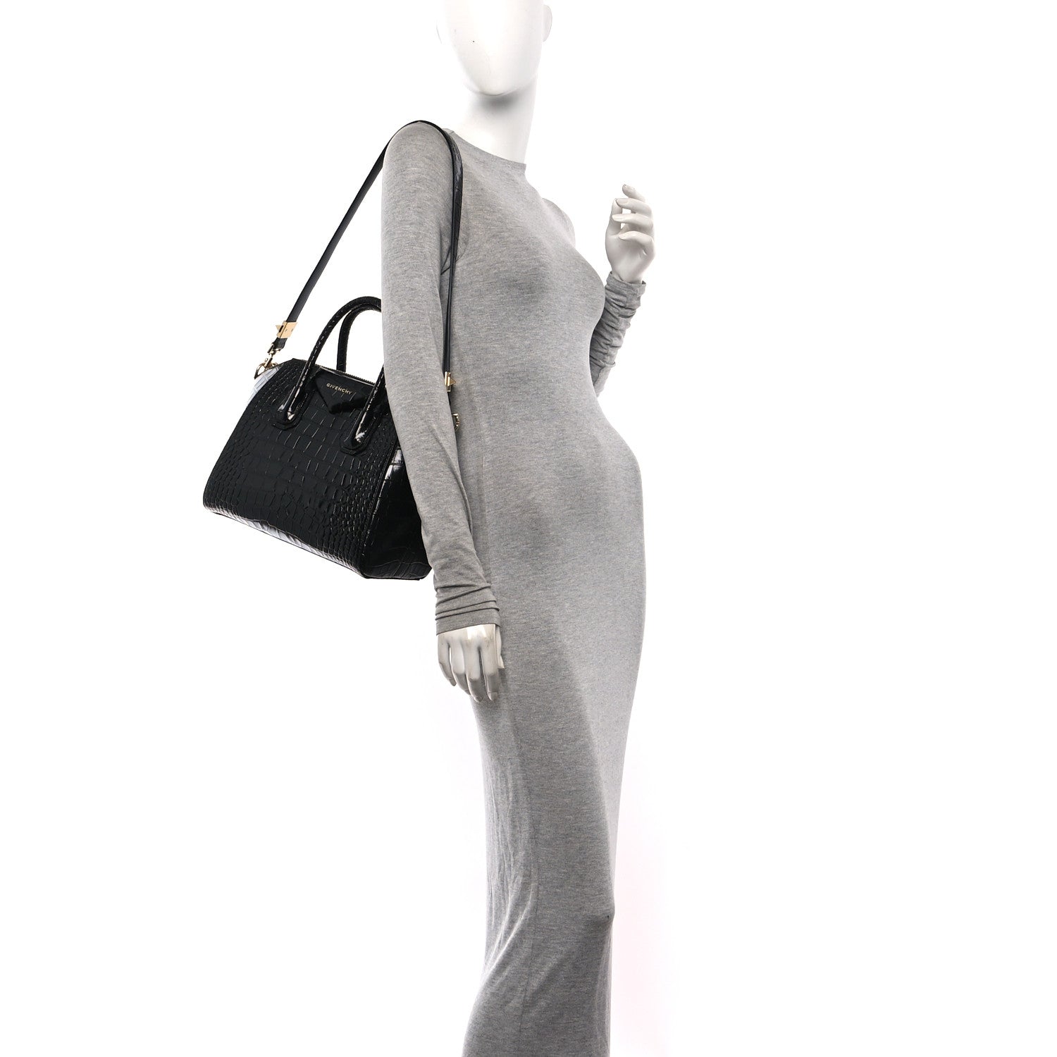 Calfskin Crocodile Embossed Small Antigona Black