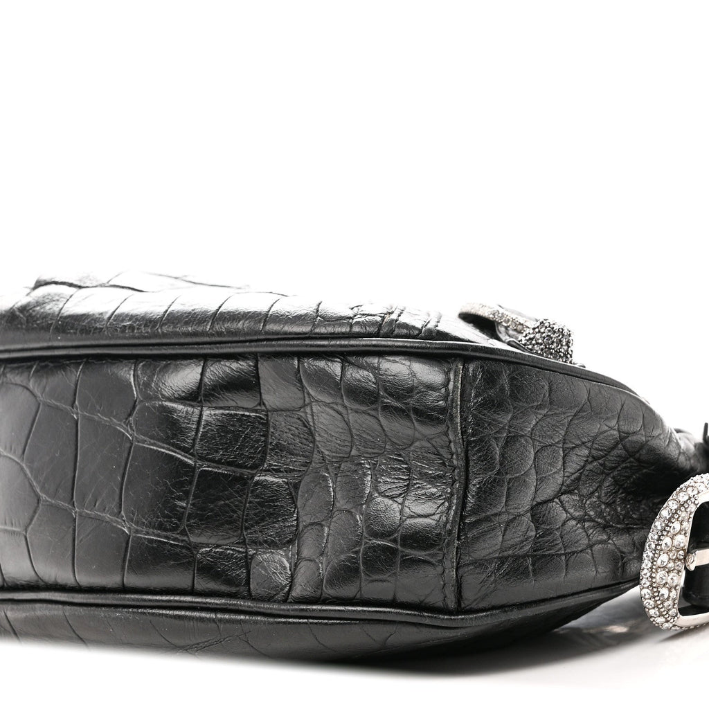 Extra Supple Calfskin Crystal Crocodile Embossed Le Cagole Shoulder Bag XS Black
