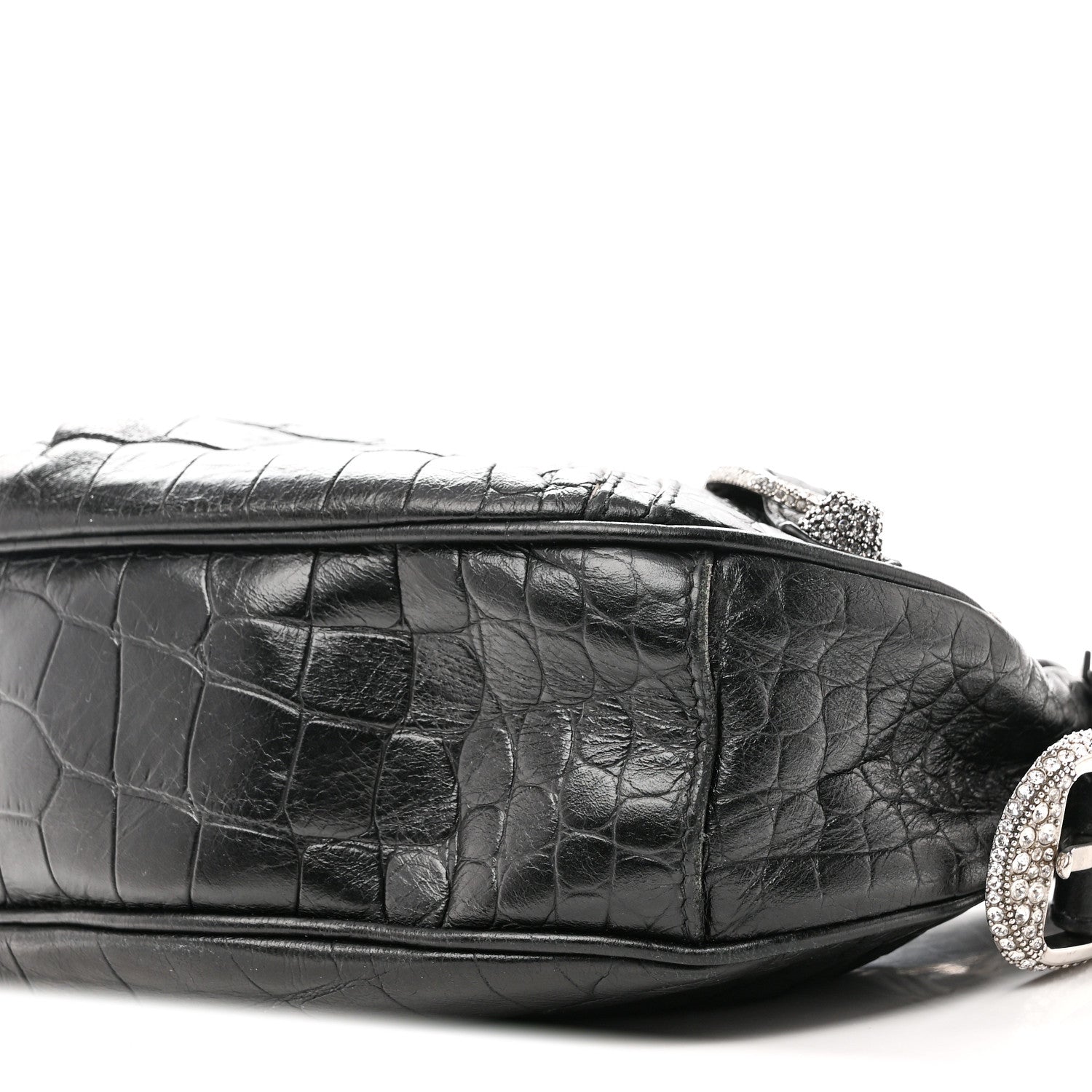 Extra Supple Calfskin Crystal Crocodile Embossed Le Cagole Shoulder Bag XS Black