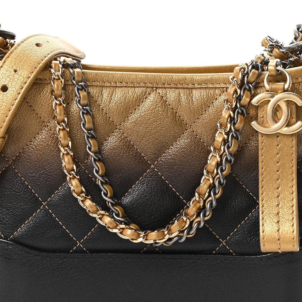Metallic Goatskin Quilted Small Gabrielle Hobo Gold Black