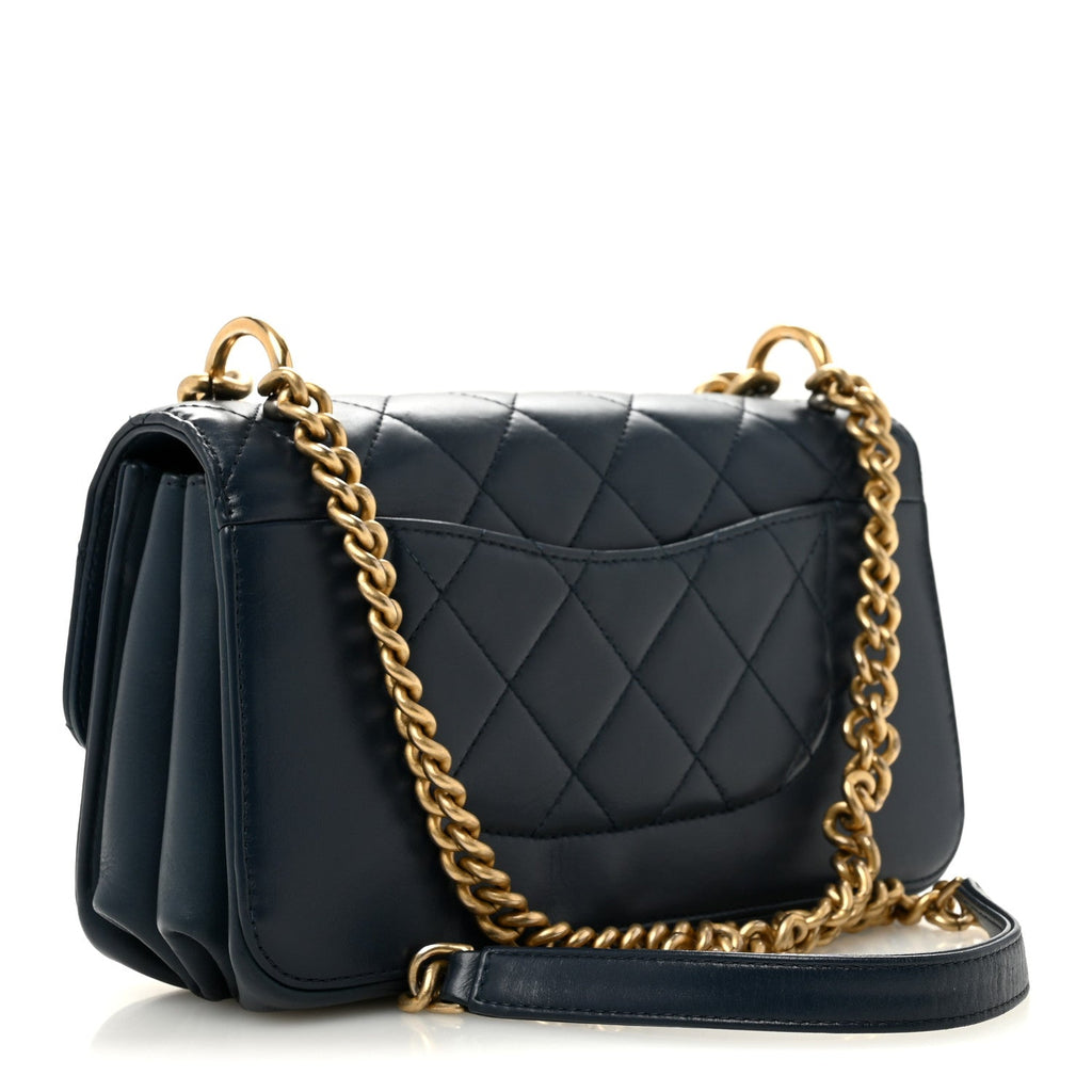 Glazed Calfskin Quilted Small Straight Lined Flap Blue