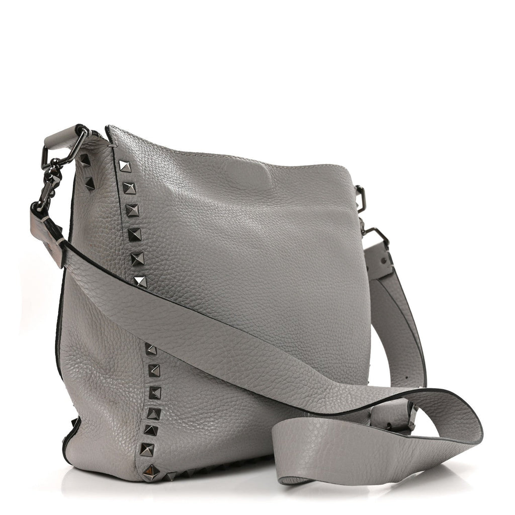 Pebbled Calfskin Small Rockstud Flip-Lock Messenger Bag Grey