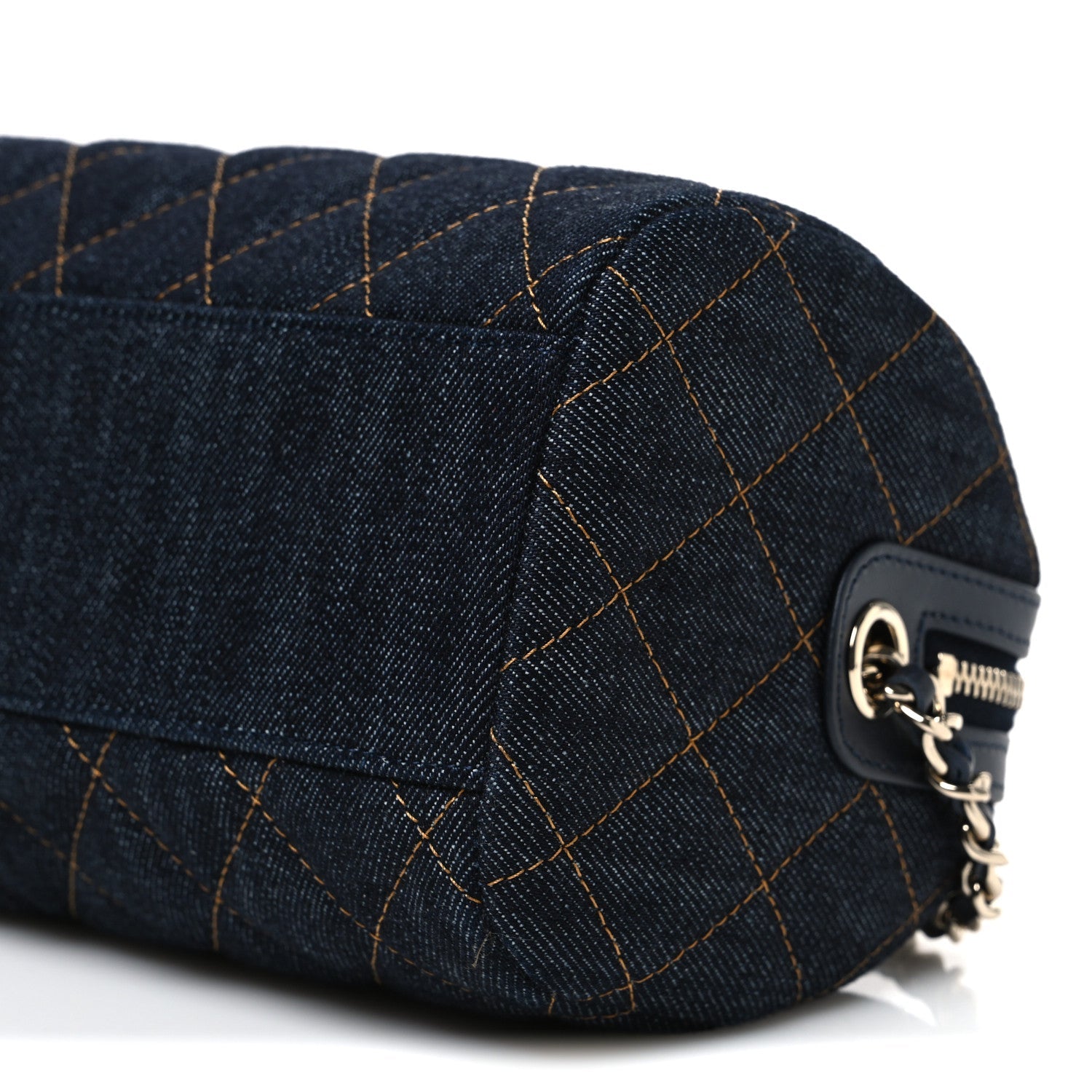 Denim Quilted Barrel Clutch With Chain Dark Blue Orange