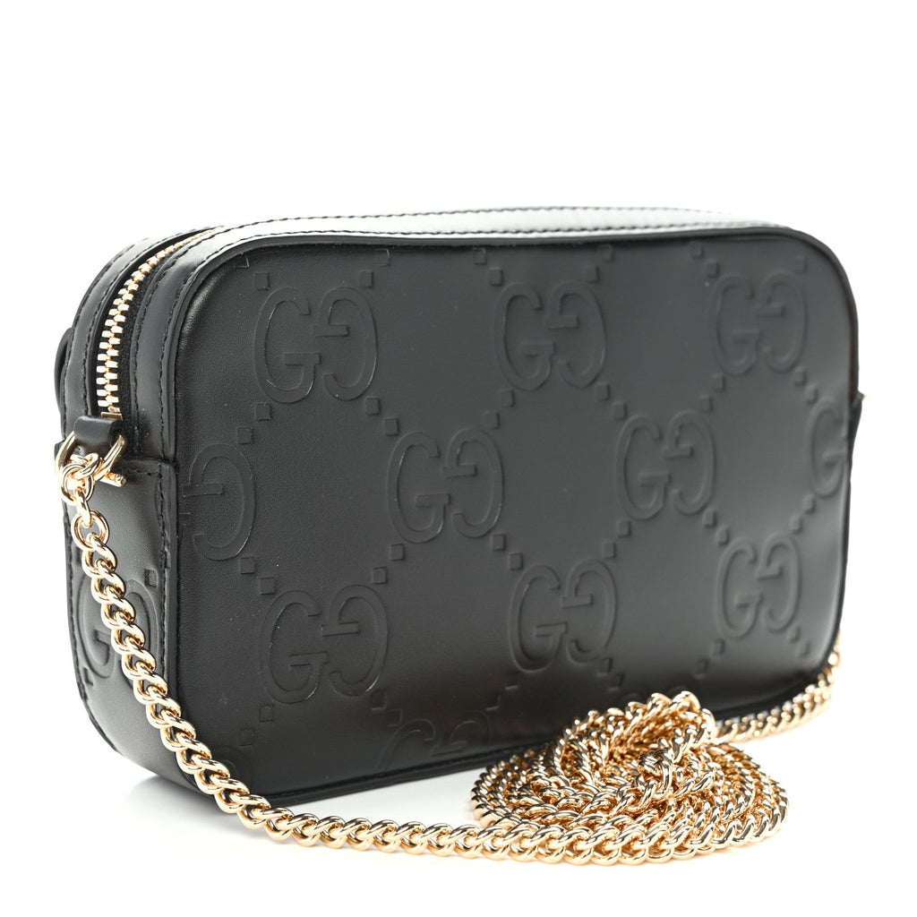 Calfskin GG Super Mini Debossed Chain Wallet Black