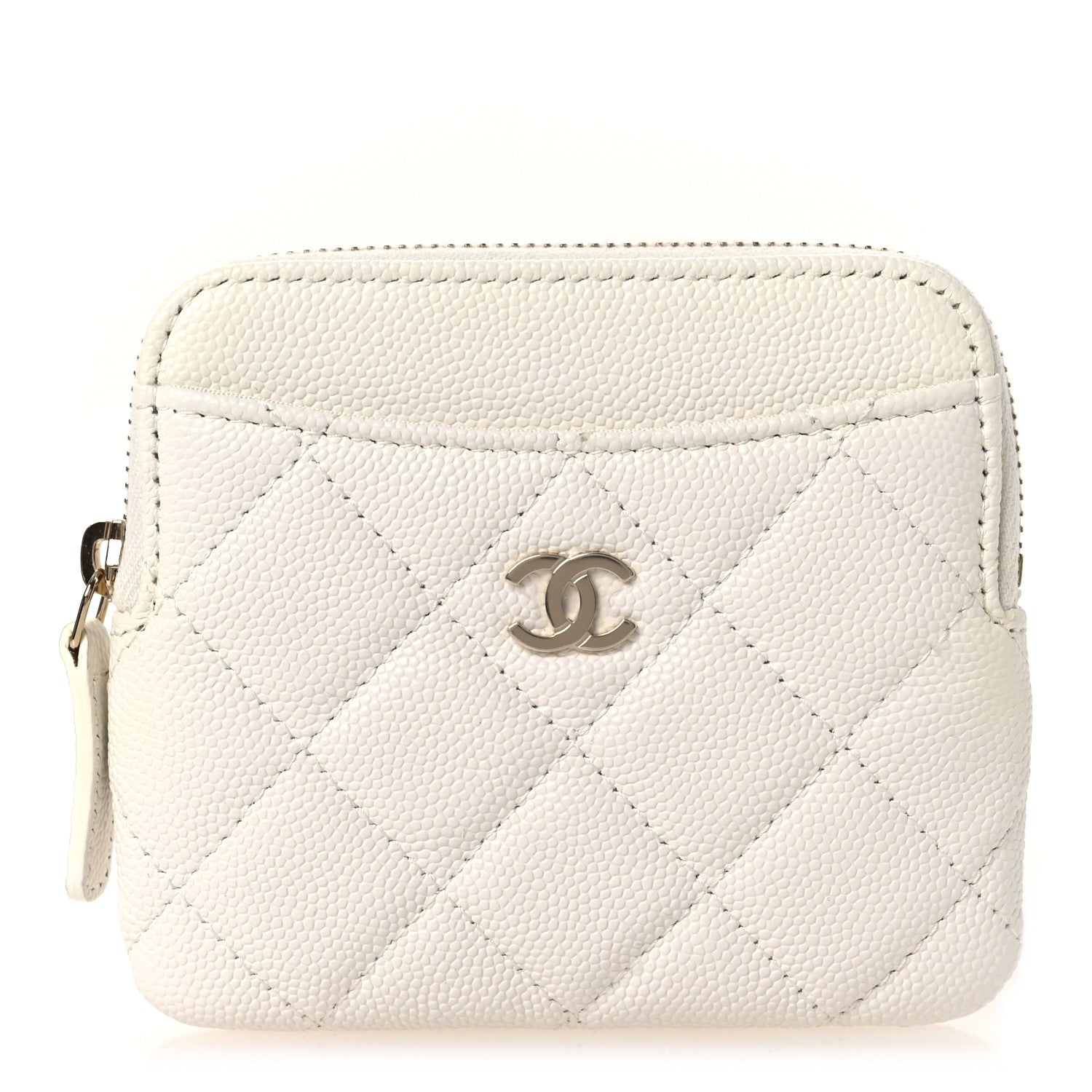 Caviar Quilted Zip Card Holder Wallet White