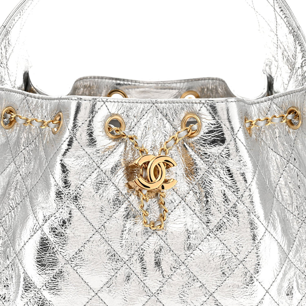 Metallic Crumpled Calfskin Quilted Small Chanel 25 Handbag Silvery