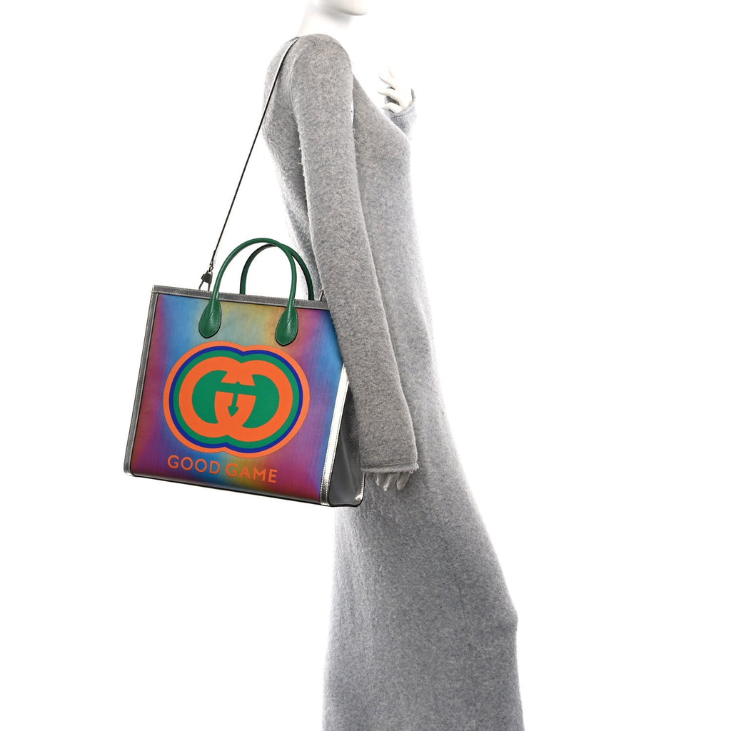 Laminated Textured Dollar Calfskin Good Game Interlocking G Tote Silver