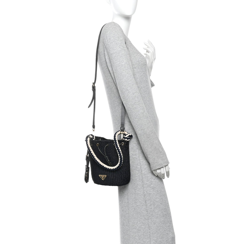 Yarn Raffia Effect Crochet Mini Bucket Bag Black