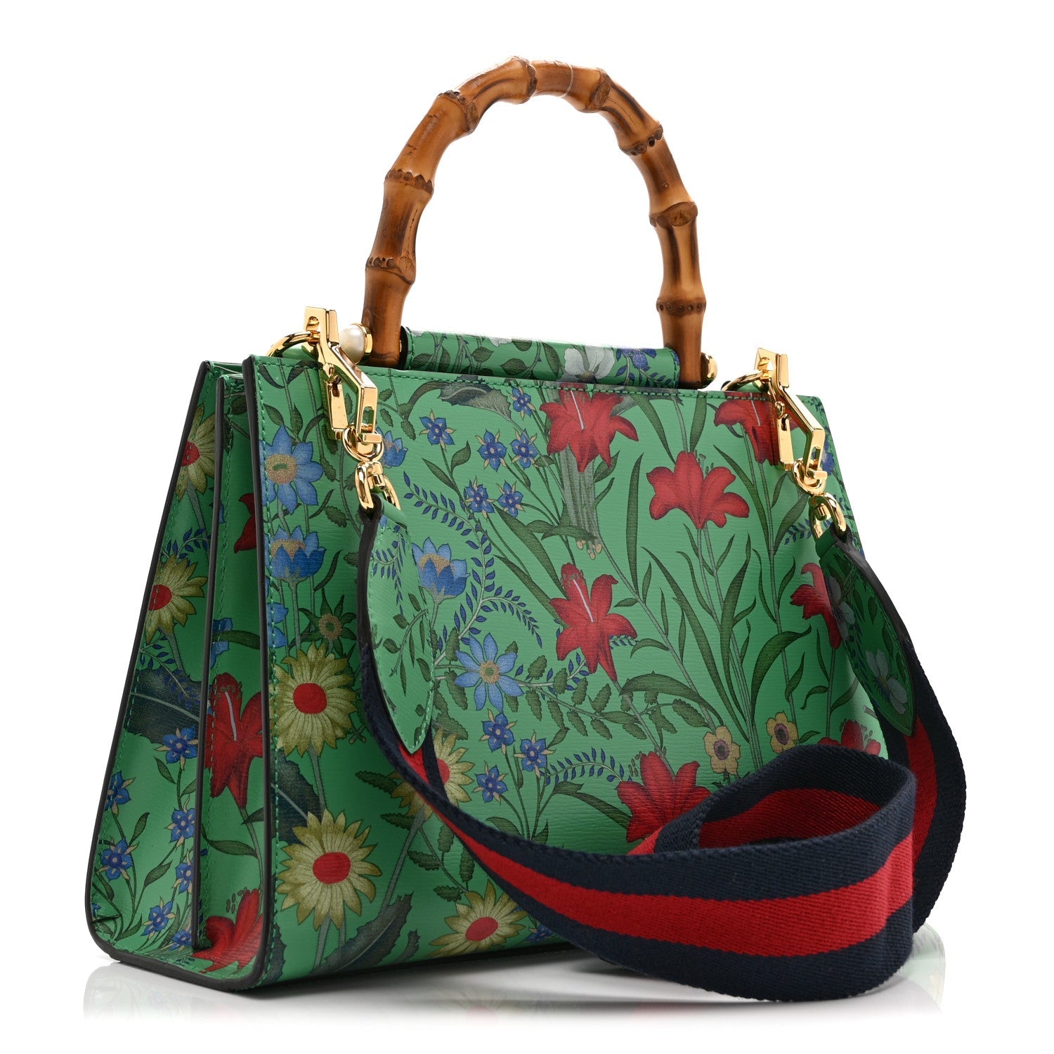 Calfskin Bamboo Web New Flora Small Nymphaea Top Handle Bag Green