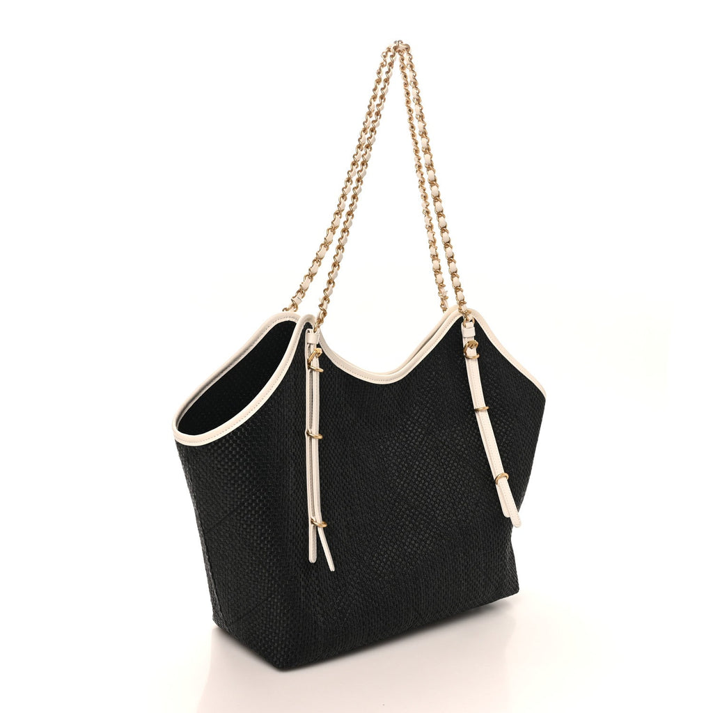 Calfskin Raffia Braided Small Shopping Tote Black White