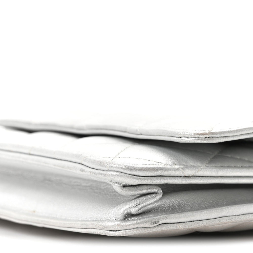 Metallic Lambskin Quilted Wallet On Chain WOC Silver