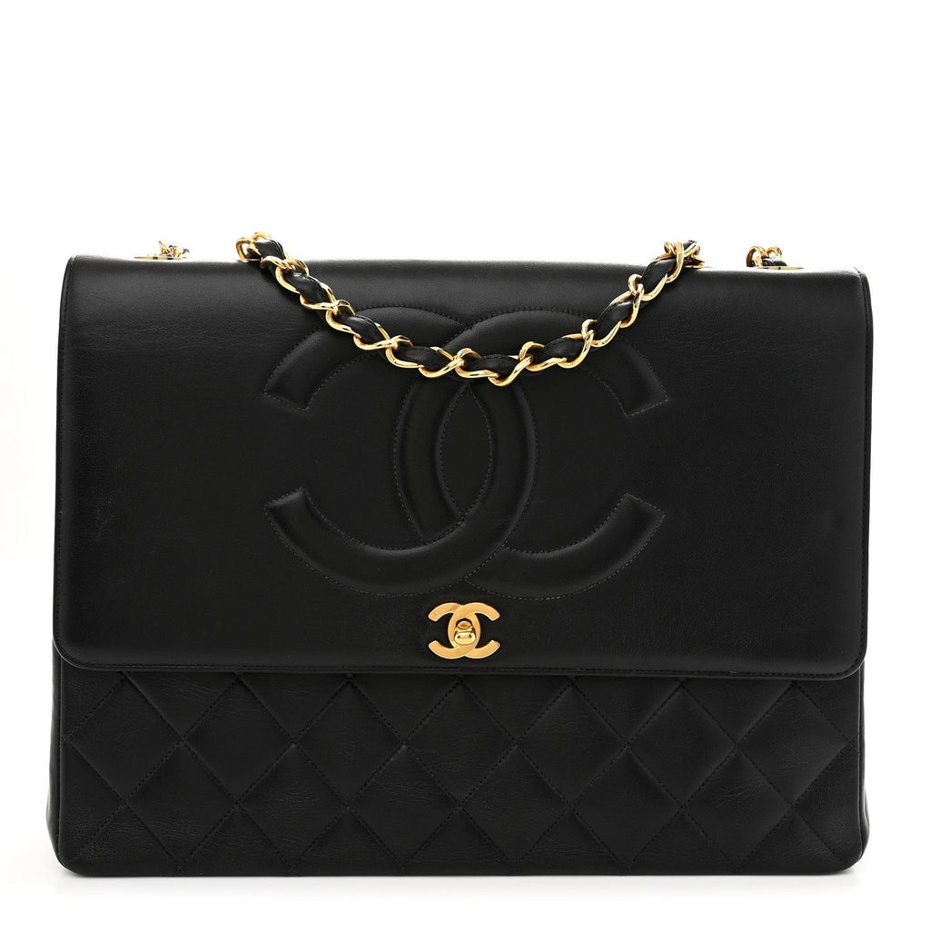 Lambskin Quilted CC Maxi Jumbo Single Flap Black Black