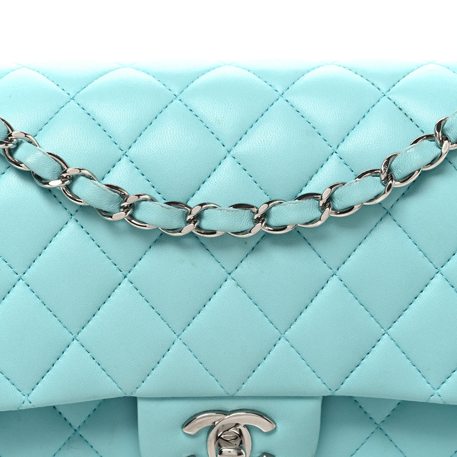Lambskin Quilted Medium Double Flap Light Blue