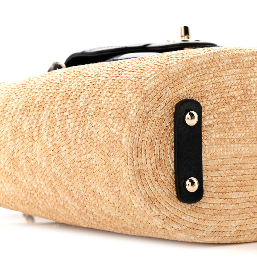 Raffia Braided Lambskin Small Shopping Tote Beige Black Beige Black