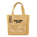 Yarn Raffia Effect Crochet Logo Embroidered Small Tote Bag Naturale