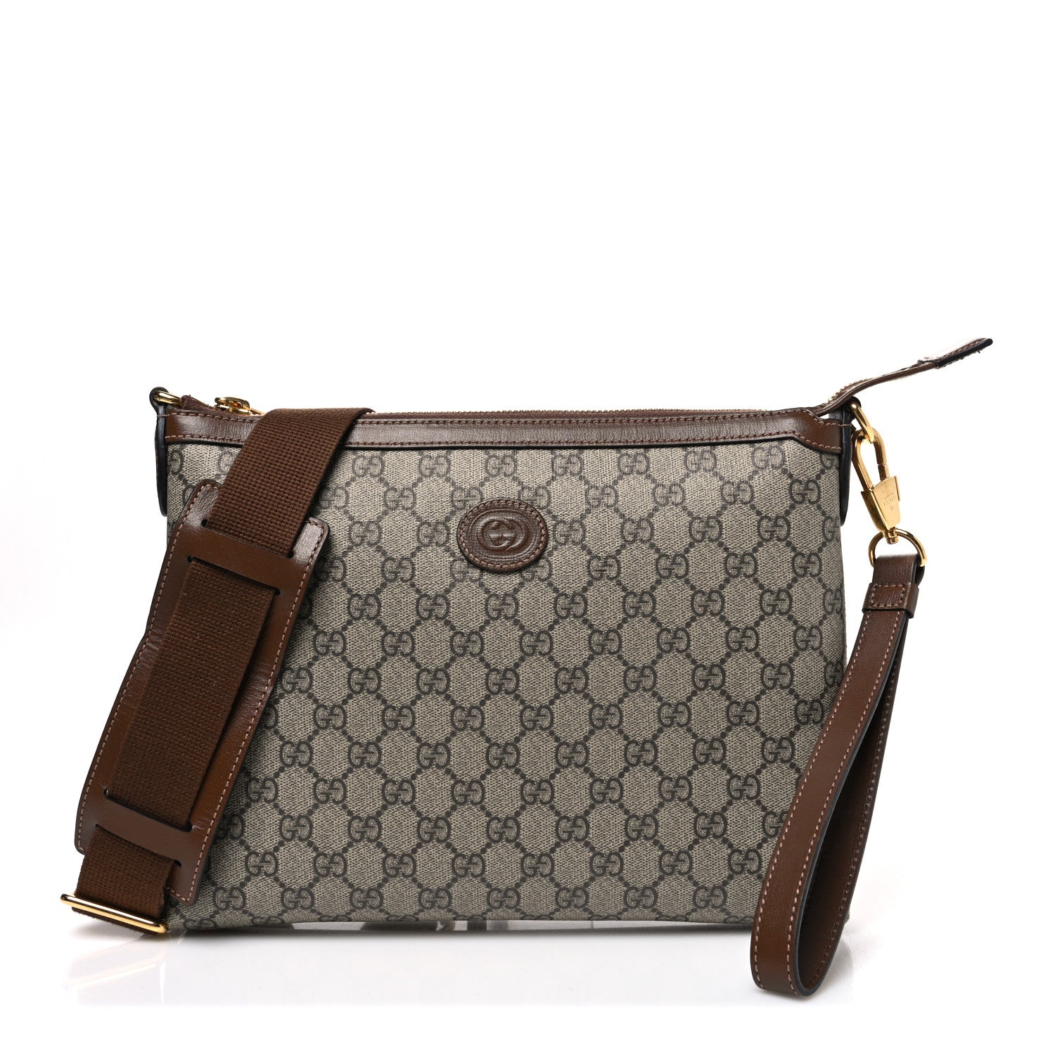 GG Supreme Monogram Azalea Calfskin Retro Interlocking G Wristlet Messenger Bag Beige Ebony Brown Sugar