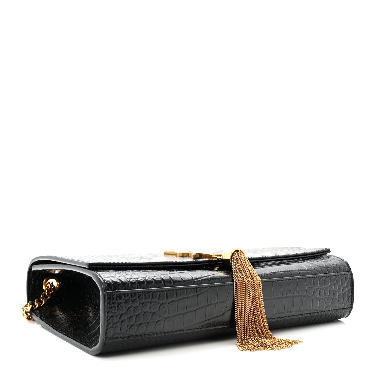Calfskin Crocodile Embossed Medium Classic Monogram Kate Tassel Satchel Black