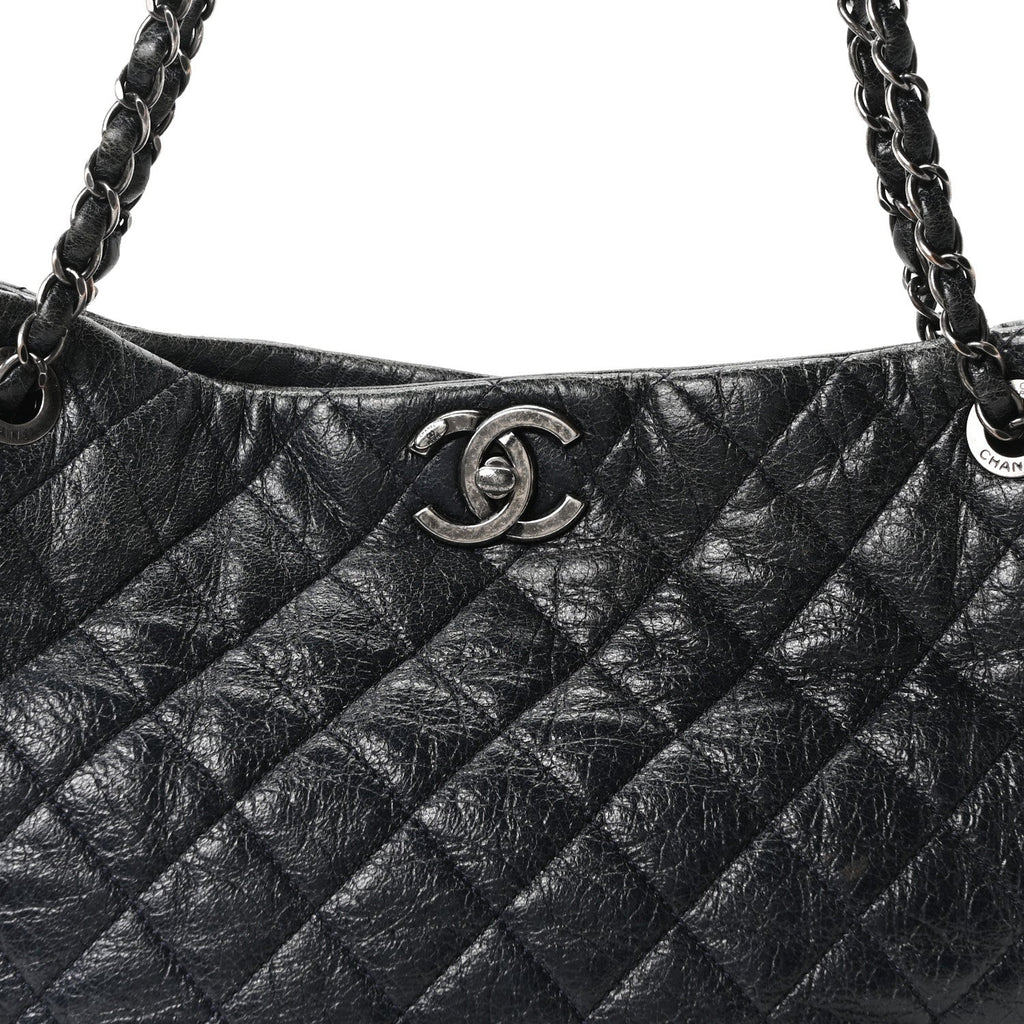 Glazed Calfskin Quilted Tote Navy