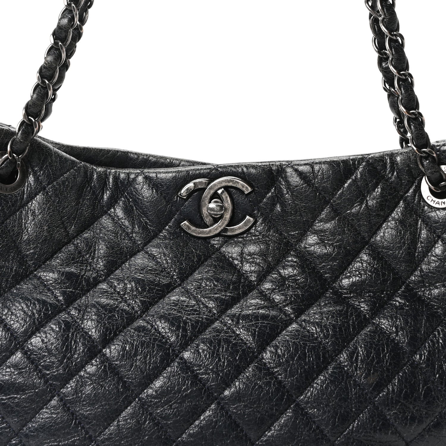 Glazed Calfskin Quilted Tote Navy