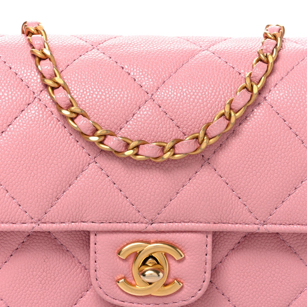 Shiny Caviar Quilted Mini Top Handle Flap Pink Pink
