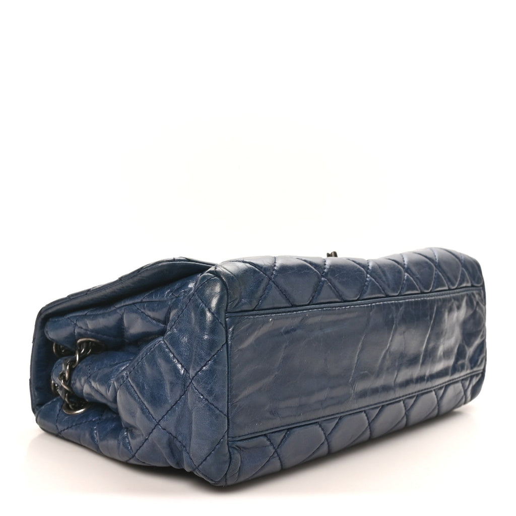 Glazed Calfskin Quilted Large Coco Soft Flap Navy