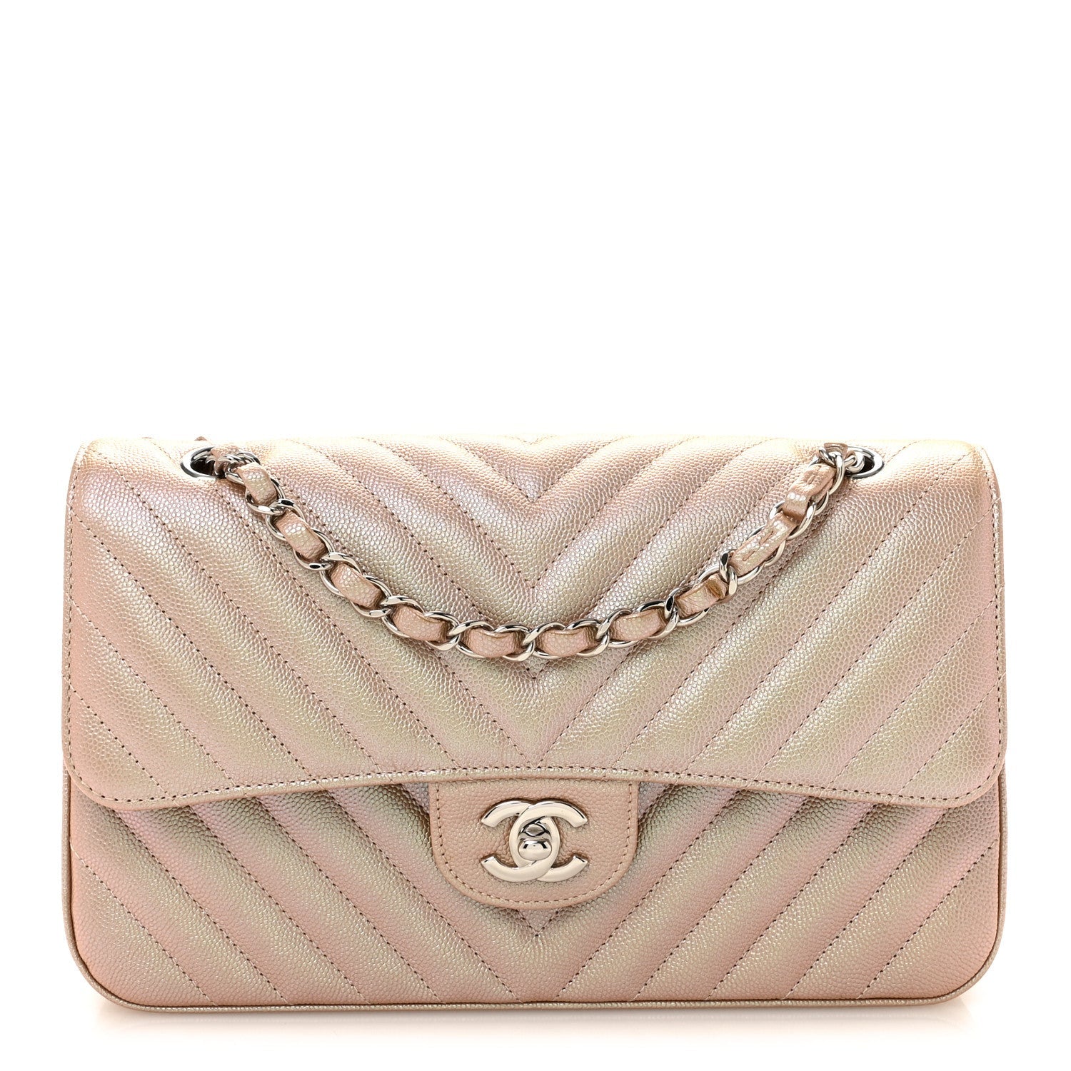 Metallic Caviar Chevron Quilted Medium Double Flap Light Gold
