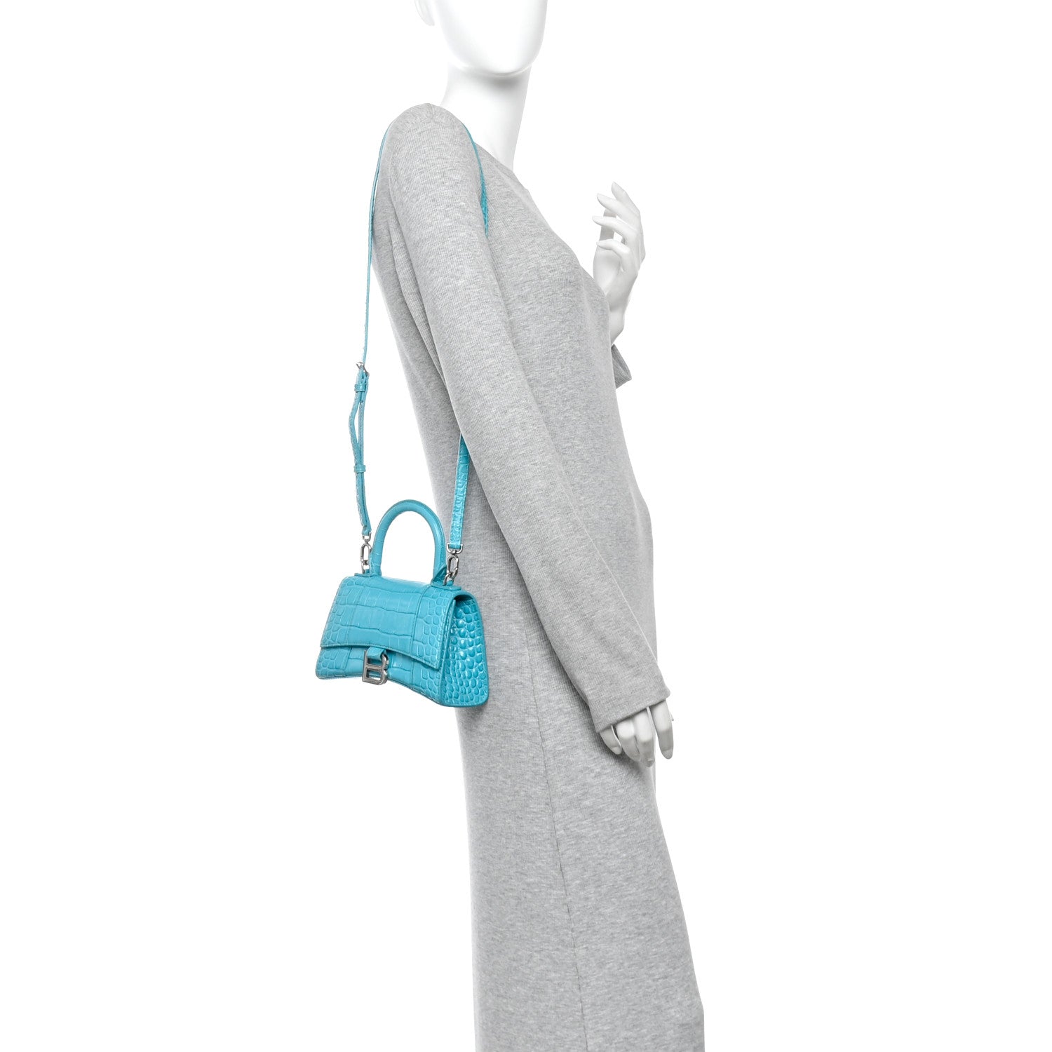 Shiny Calfskin Crocodile Embossed Hourglass Top Handle Bag XS Azur