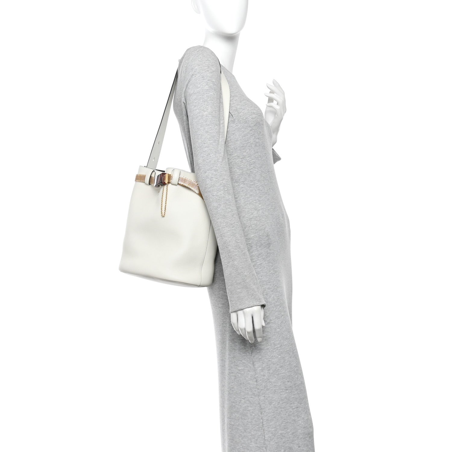 Calfskin Buckle Bag With Jeweled Belt White Black