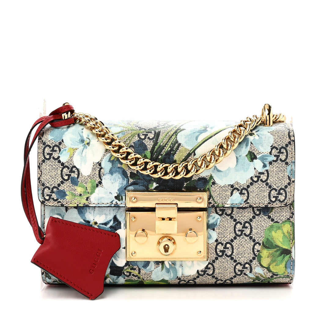 GG Supreme Monogram Blooms Small Padlock Shoulder Bag Beige Blue Navy Hibiscus Red