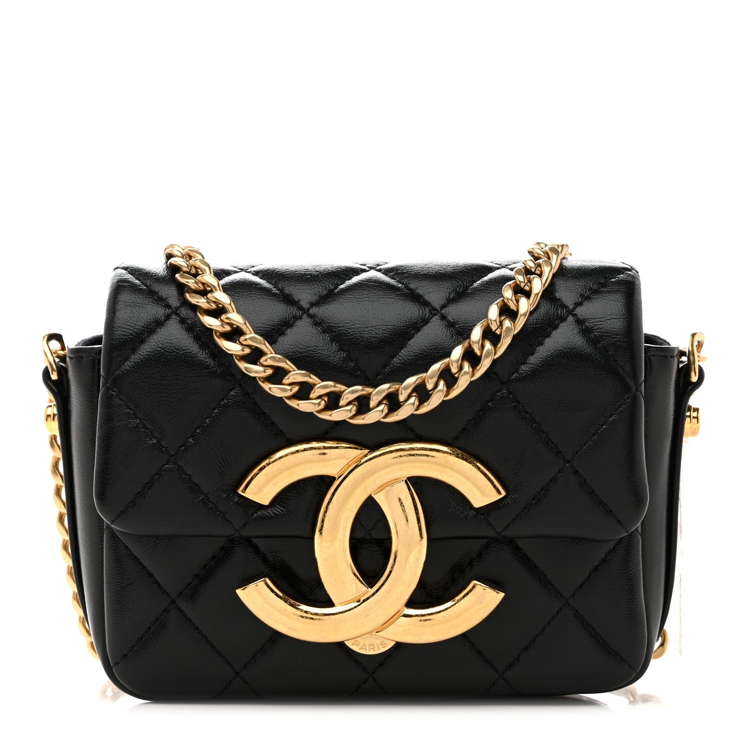 Shiny Crumpled Lambskin Quilted Mini Giant CC Flap Black Black
