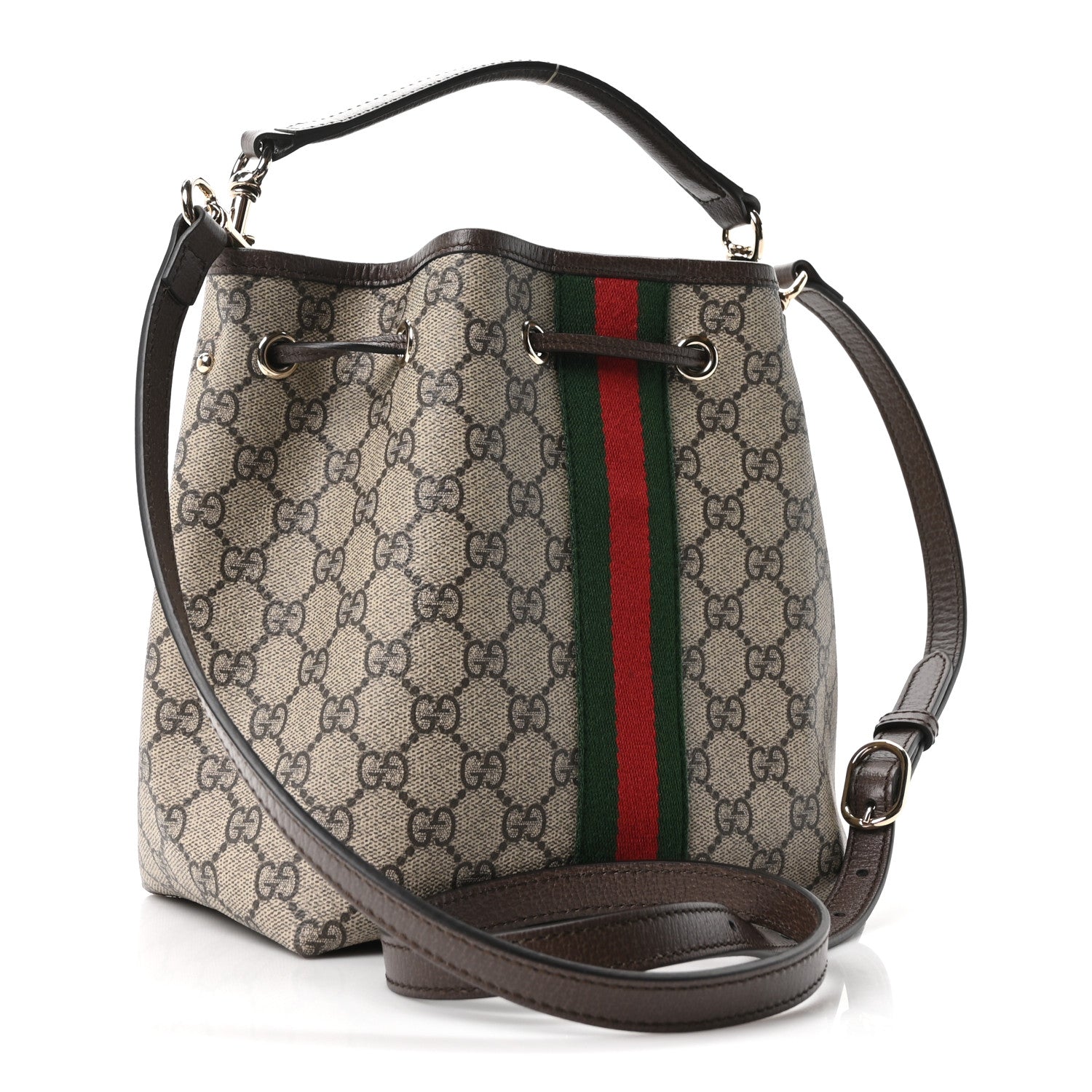 GG Supreme Monogram Web Small Ophidia Top Handle Bucket Bag Brown