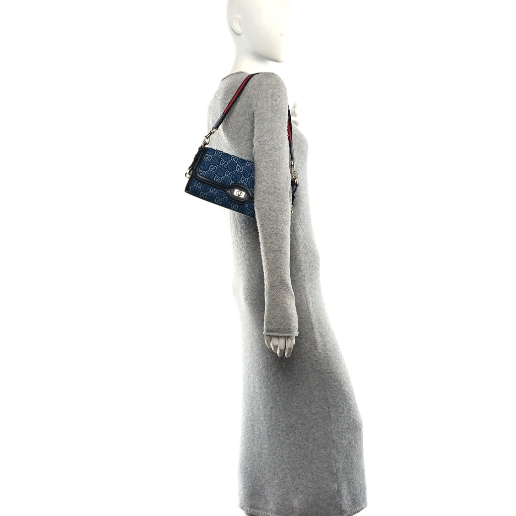 GG Monogram Denim Small Luce Shoulder Bag Blue