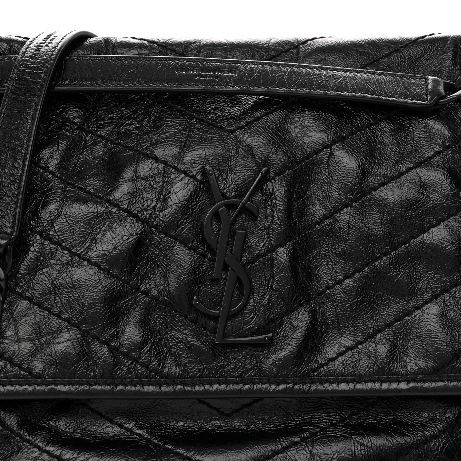 Crinkled Calfskin Matelasse Monogram Medium Niki Chain Satchel Black