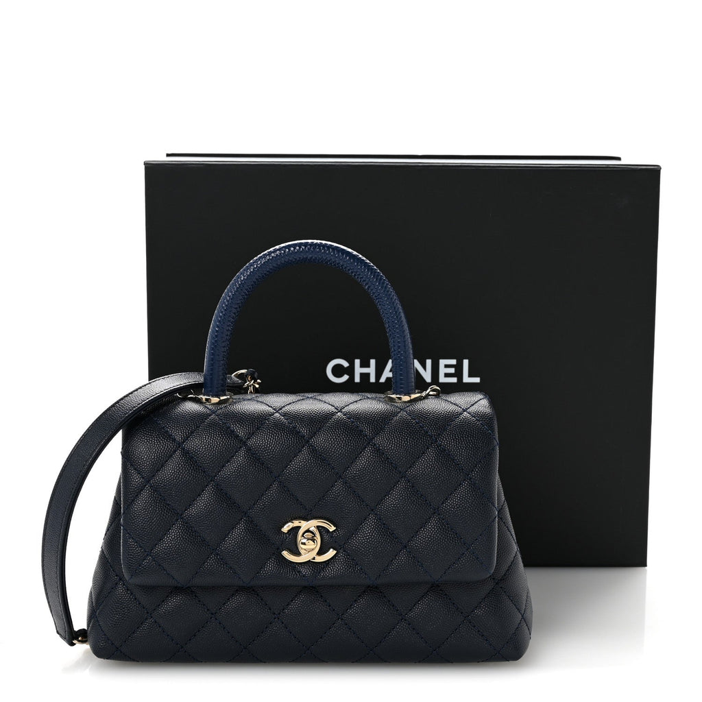 Caviar Quilted Lizard Embossed Mini Coco Handle Flap Navy Blue