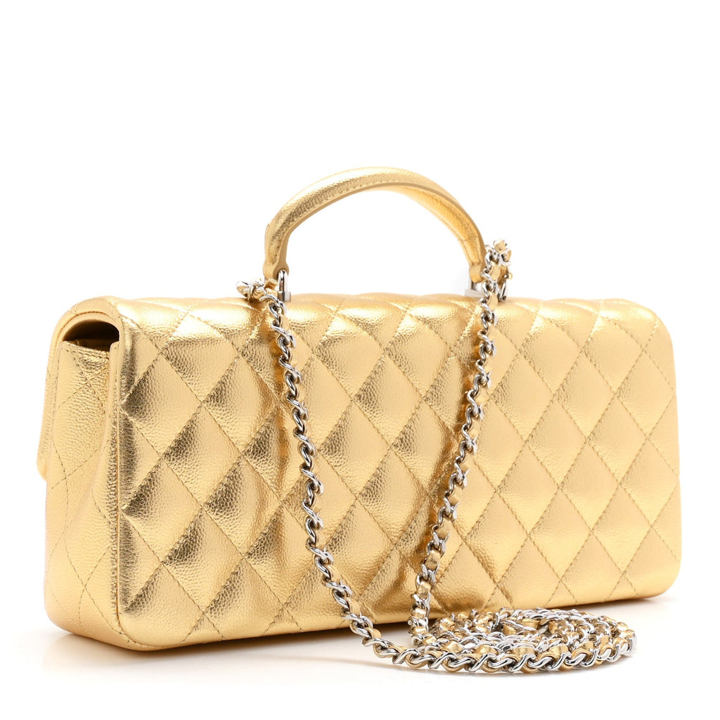 Metallic Caviar Quilted Top Handle East West Flap Gold Gold