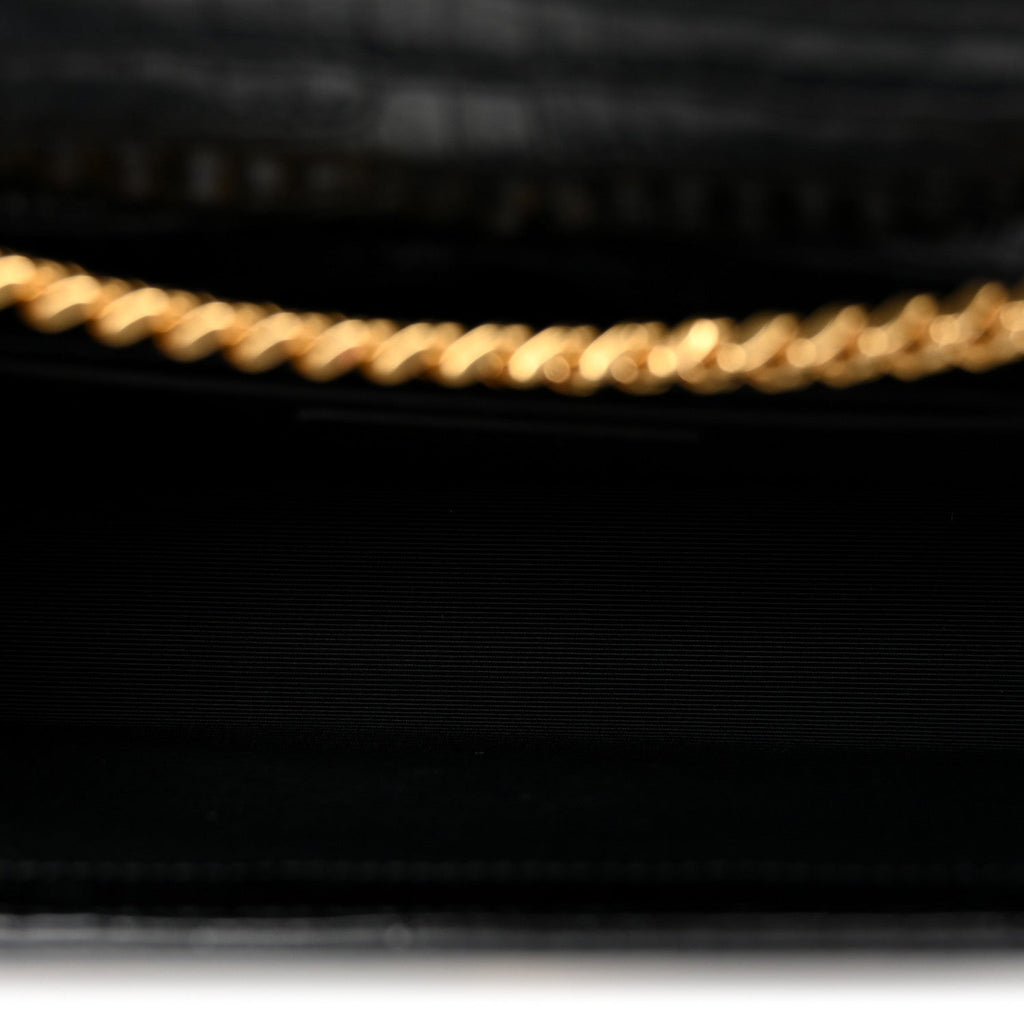 Calfskin Crocodile Embossed Medium Classic Monogram Kate Tassel Satchel Black Black