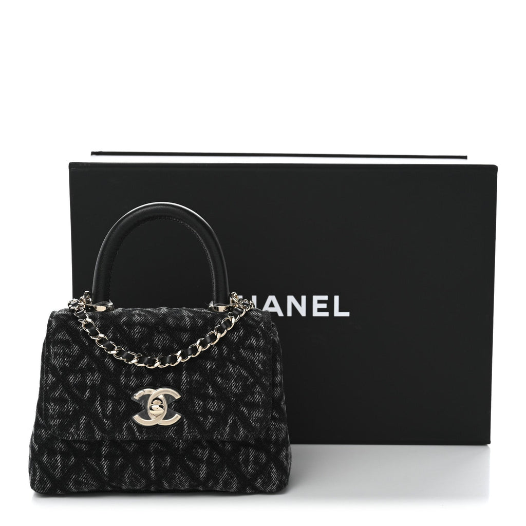 Washed Denim Quilted Coco Handle Clutch With Chain Black