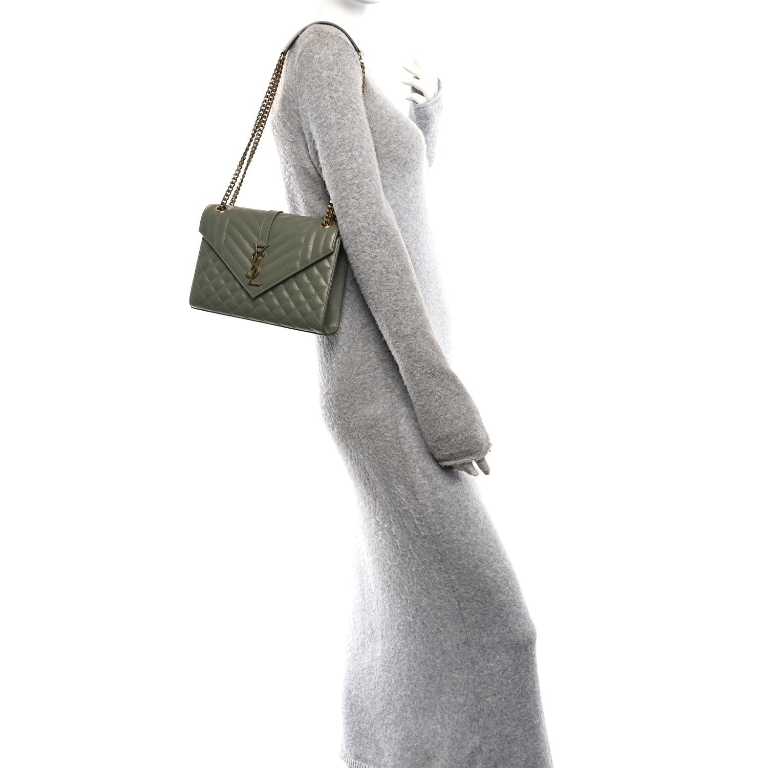Grain De Poudre Textured Mixed Matelasse Triquilt Medium Monogram Satchel Light Sage